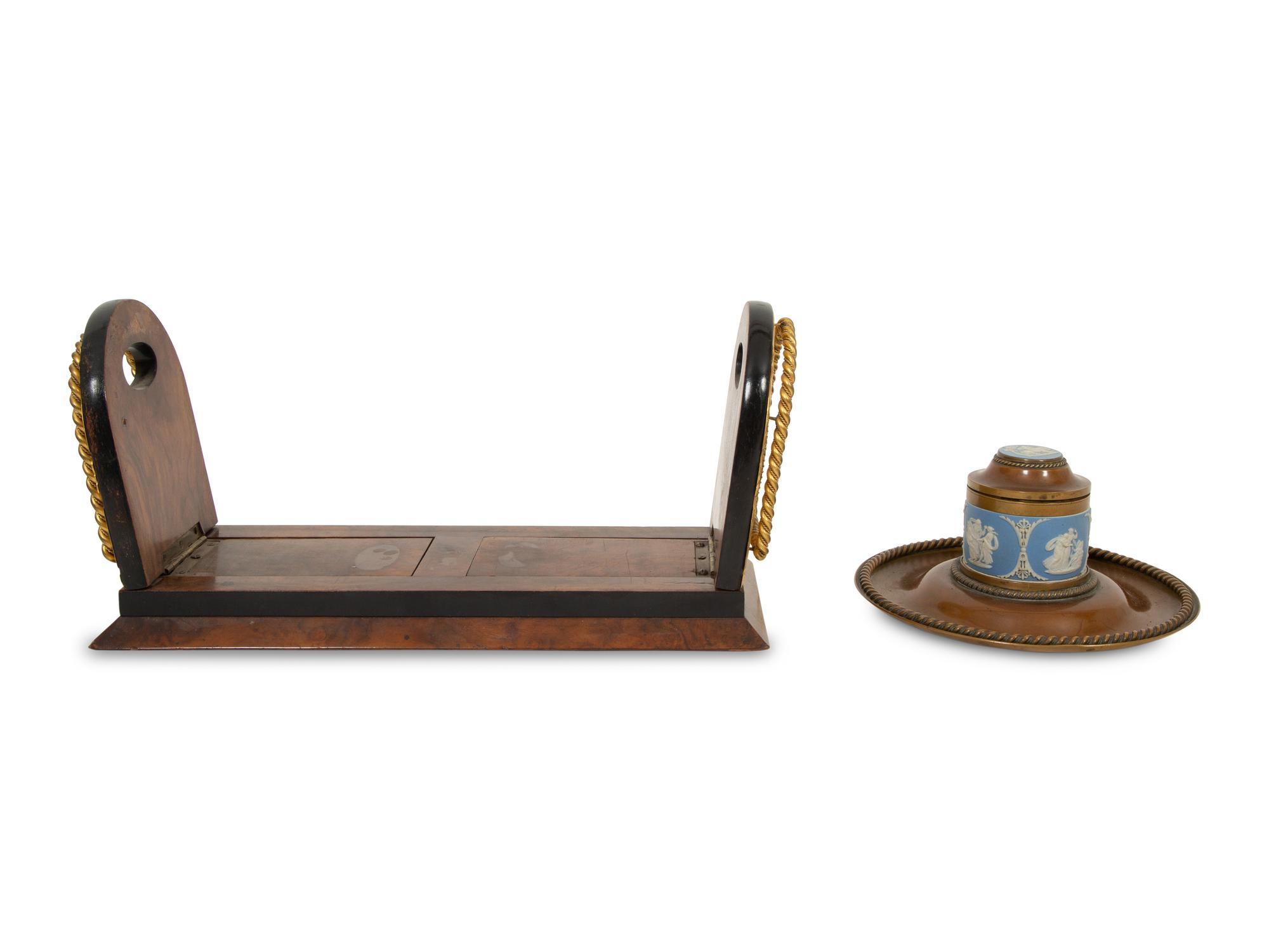 A Wedgwood Jasperware Mounted Brass and Wooden Bookend and Inkwell