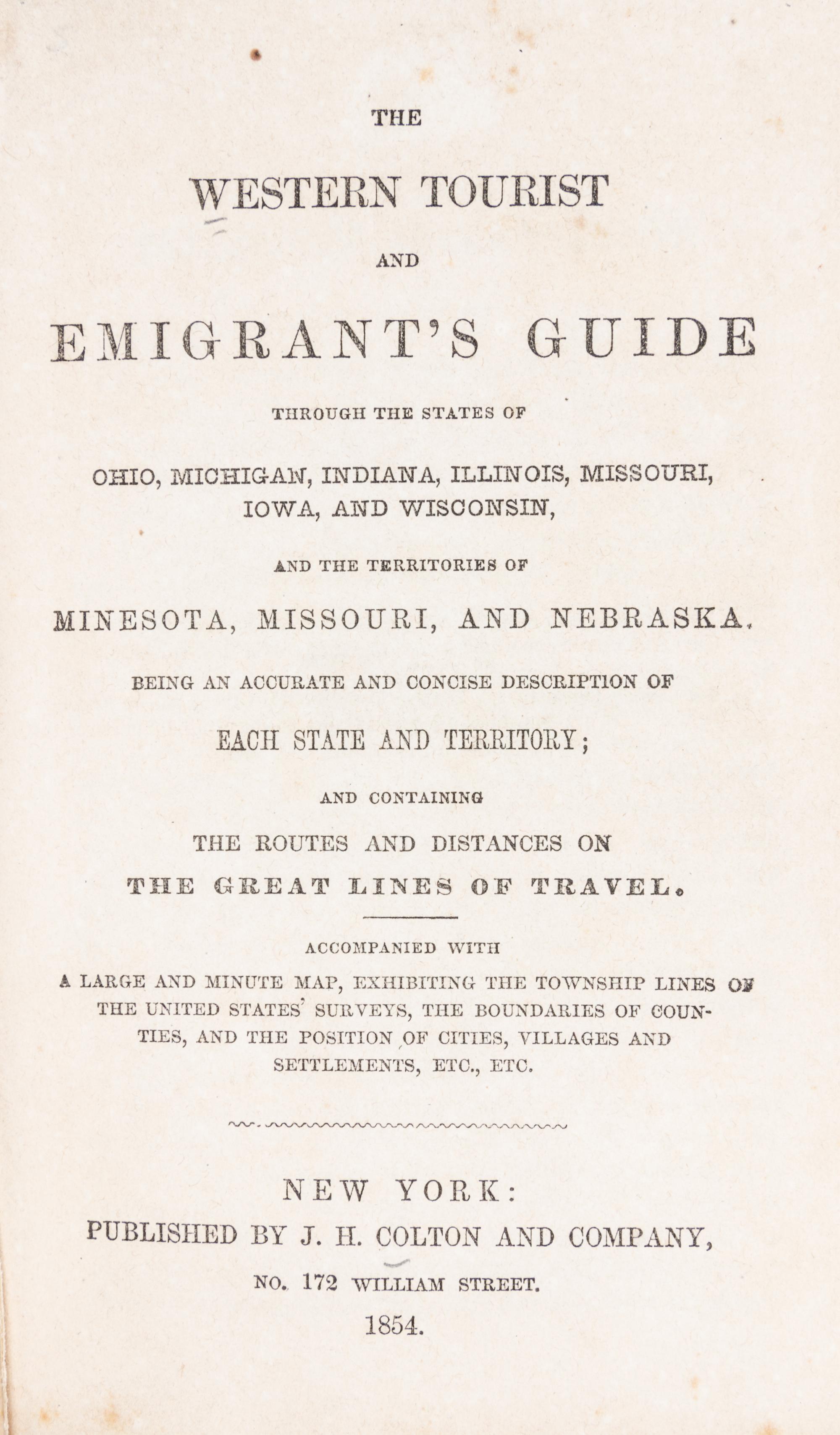(MAP, MIDWEST)) COLTON, J.H. The Western Tourist and Emigrant's Guide... NEw York, 1854 [map dated 1855]
