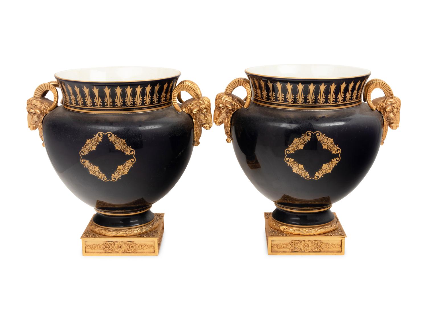 A Pair of Sèvres Style Gilt Bronze Mounted Porcelain Vases