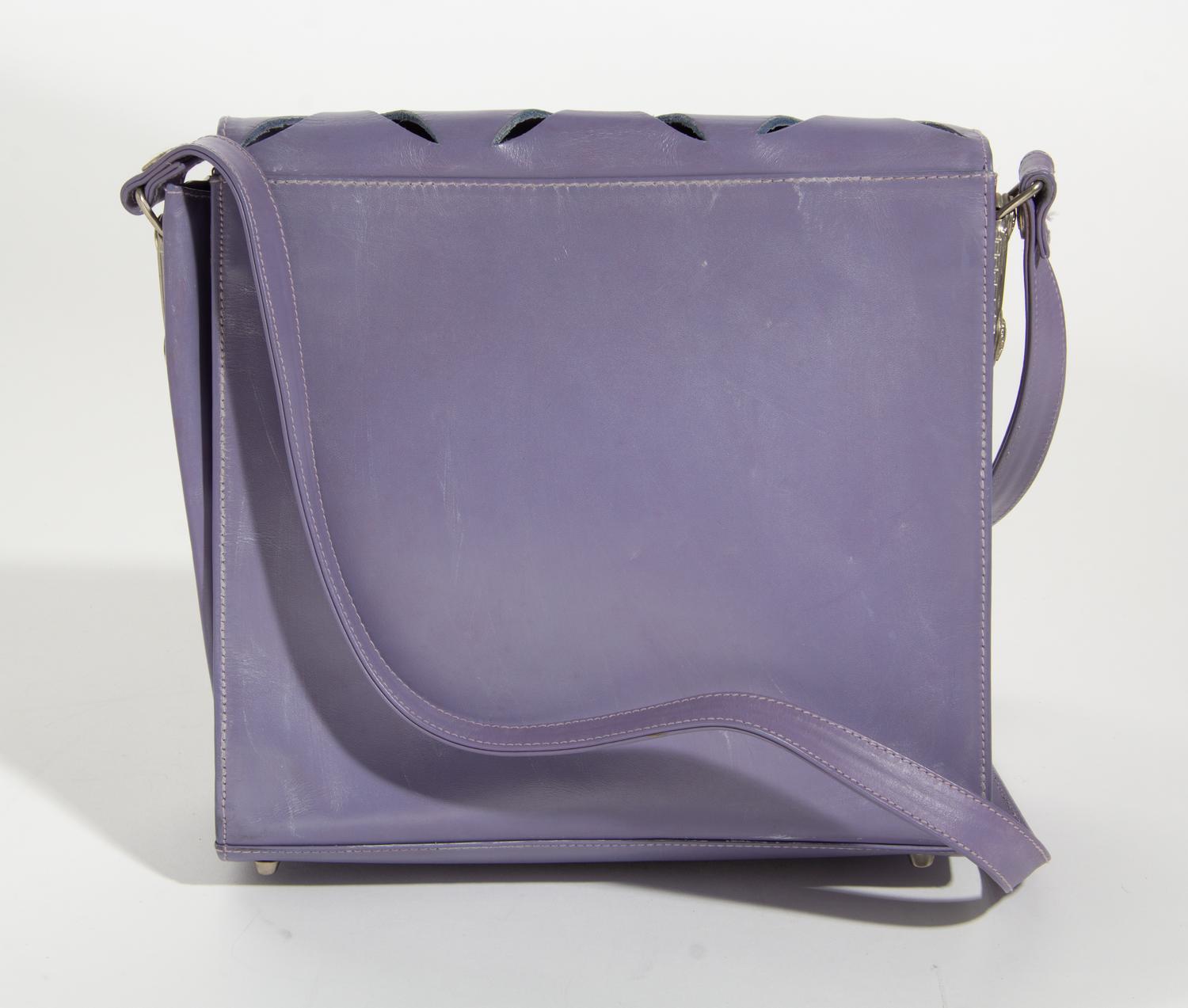 A Gianni Versace Purple Leather Safety Pin Shoulder Bag, 10" x 9.5" x 4"; Strap drop: 11-16".