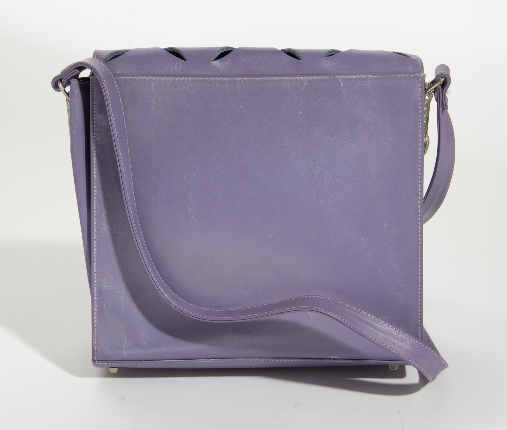 A Gianni Versace Purple Leather Safety Pin Shoulder Bag, 10" x 9.5" x 4"; Strap drop: 11-16".