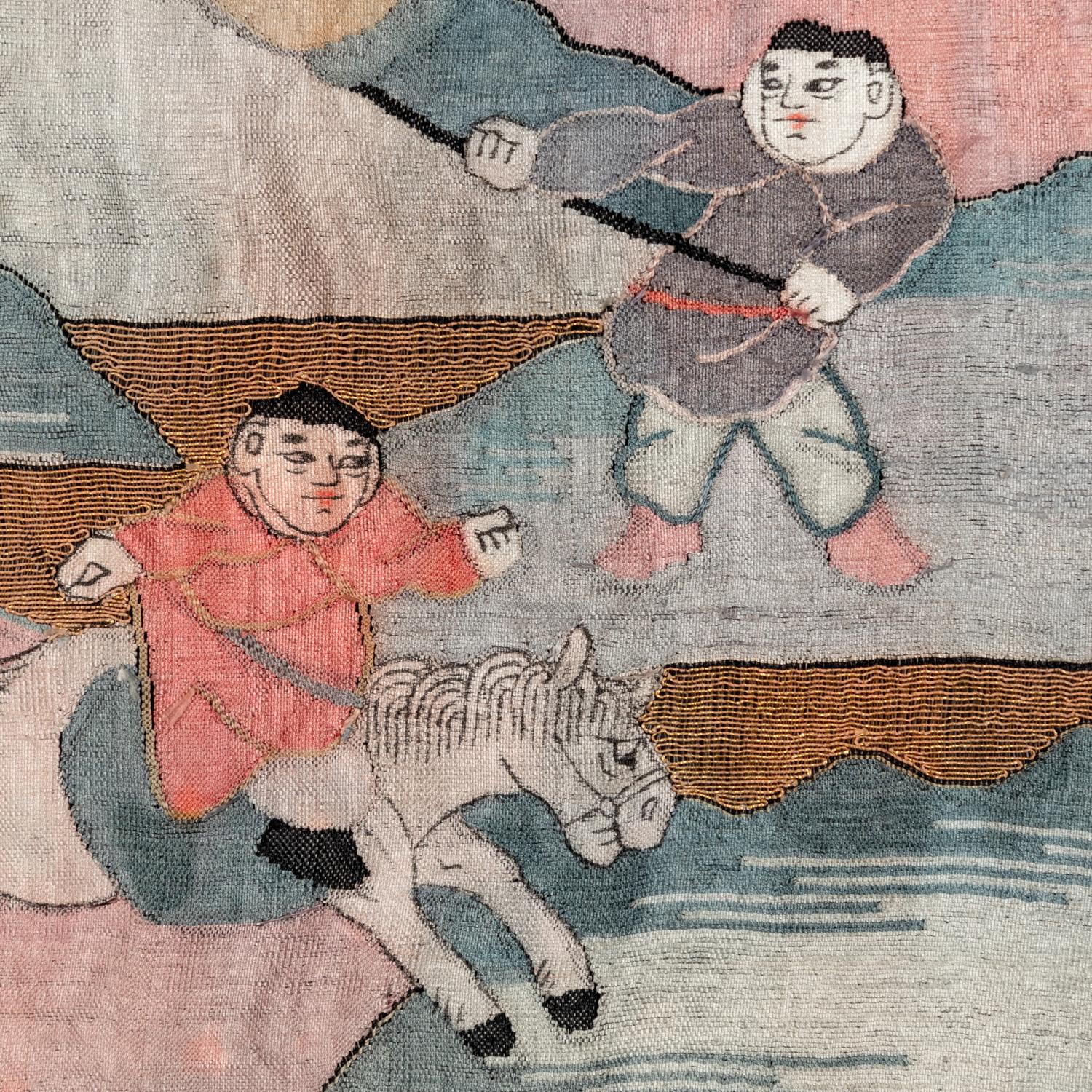 A Large Chinese Kesi 'Three Kingdom ' Silk Panel and Two Small Fragments, Late 19th Century 清晚期 金地緙絲三國故事圖挂賬及人物故事圖兩幅