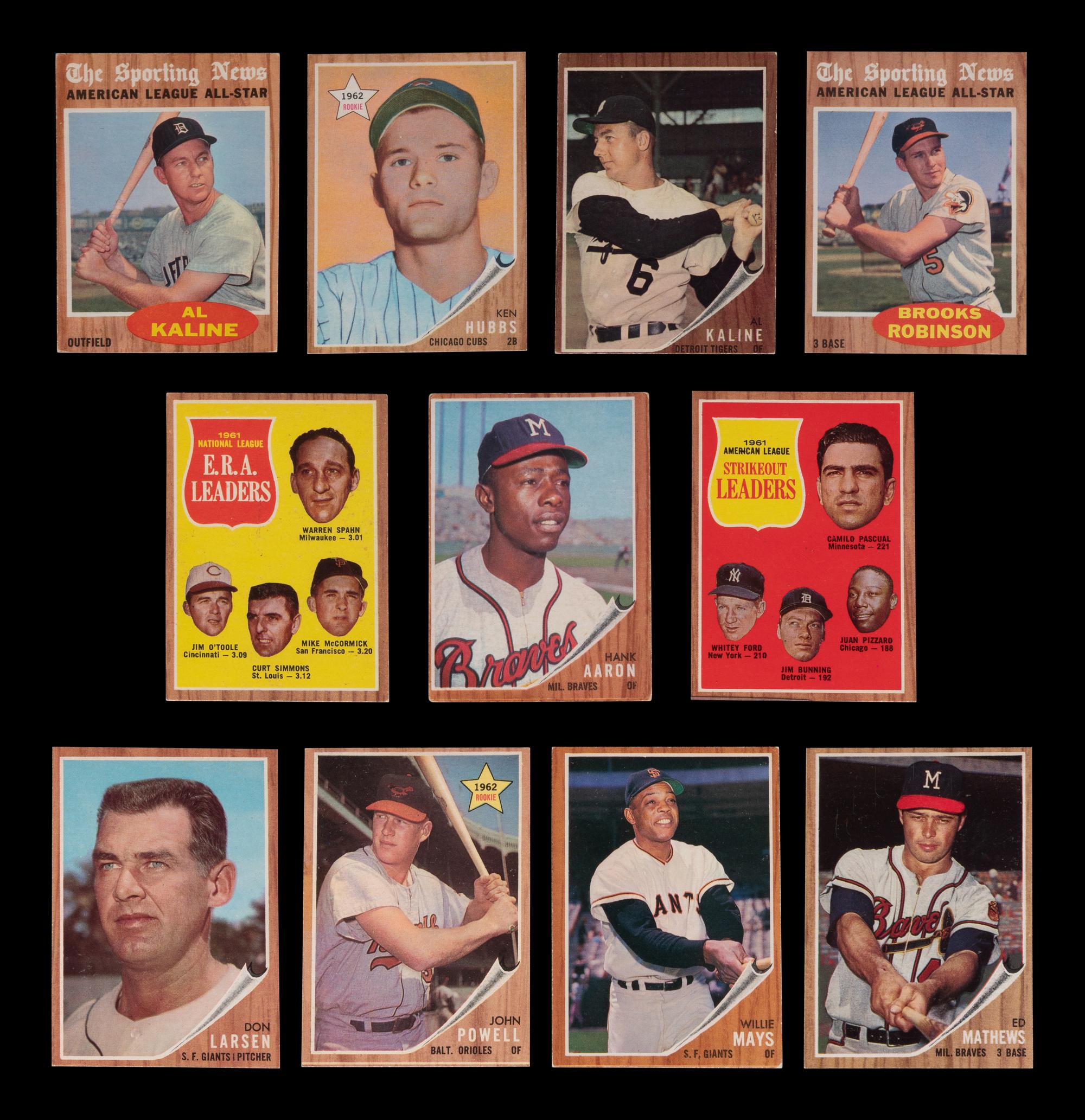 A Group of 11 1962 Topps Baseball Cards Featuring Multiple Hall of Famers and Notables (Including Willie Mays and Hank Aaron),