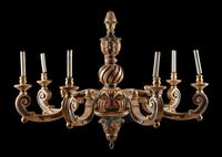 A Regence Style Painted and Parcel Gilt Seven-Light Chandelier Height 41 x diameter 53 inches.