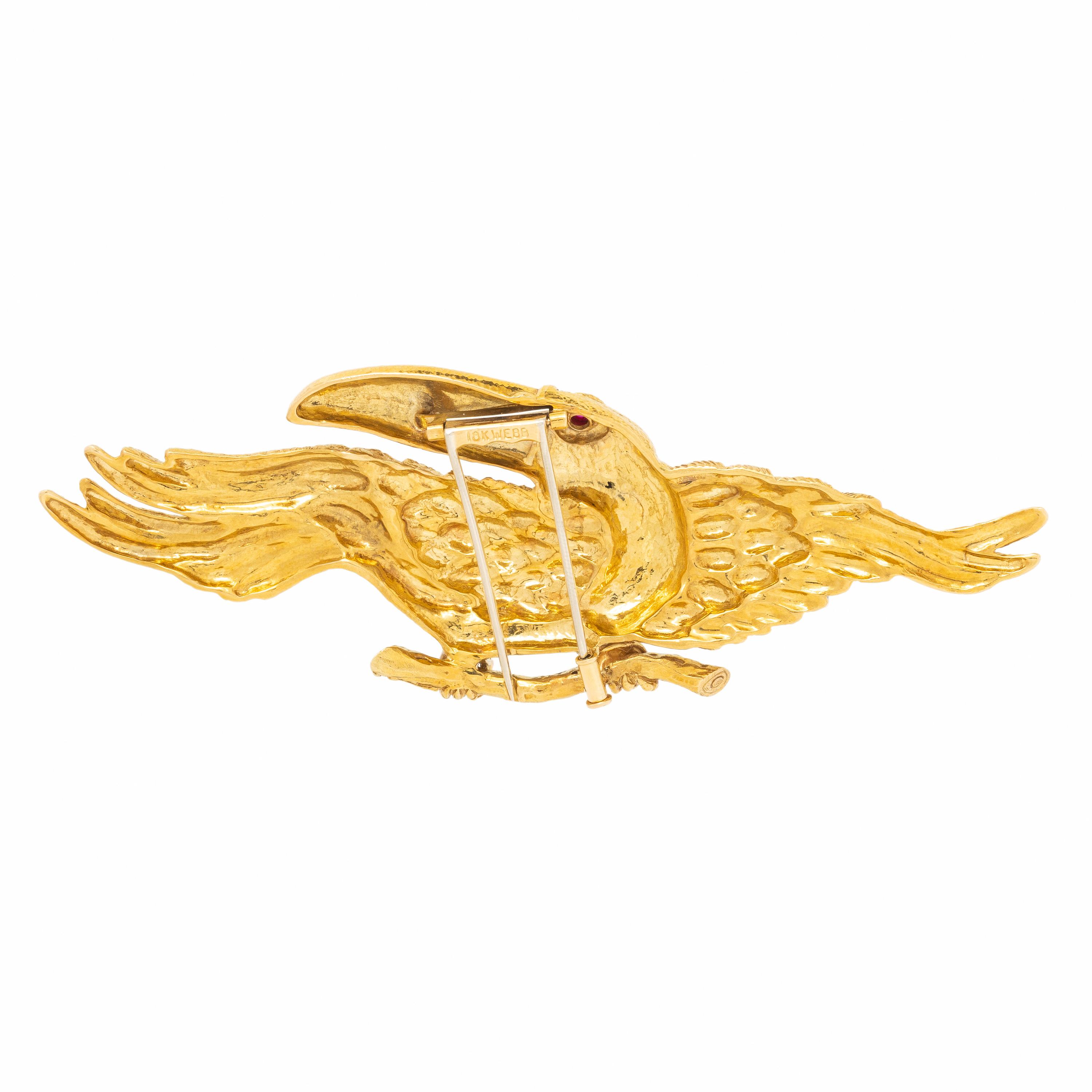 David Webb, Yellow Gold and Ruby Toucan Pendant Brooch, with David Webb cord