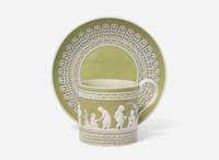 A Wedgwood Green Dip Jasperware Can Cup and Saucer, UK, circa 1800