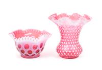 Two Cranberry Glass Articles Height of vase 8 1/4 inches