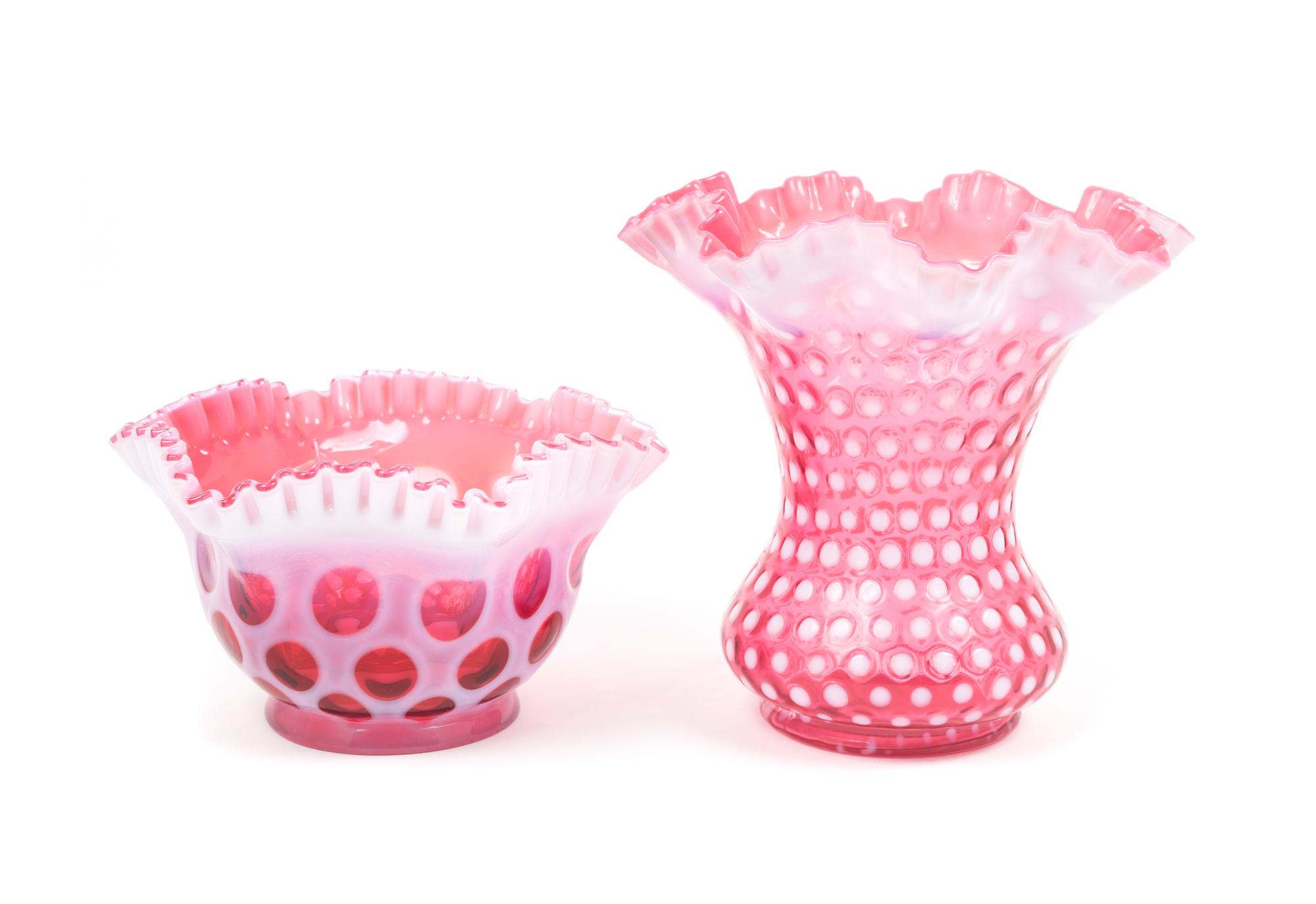 Two Cranberry Glass Articles Height of vase 8 1/4 inches