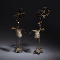 A Pair of Japanese Kaga Style Inlaid Bronze 'Crane and Minogame' Candelabra, Meiji Period — 日本明治時期 銅龜鶴齊齡燭臺一對
