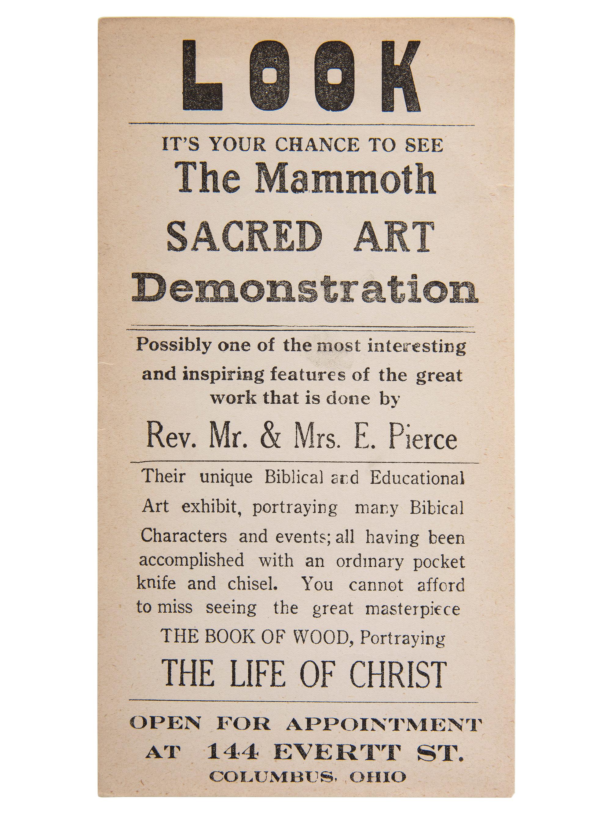 [PIERCE, Elijah (1892-1984)]. Art exhibition ticket, pamphlet, and broadside promoting African American woodcarver and folk artist Elijah Pierce. Ca 1930s.