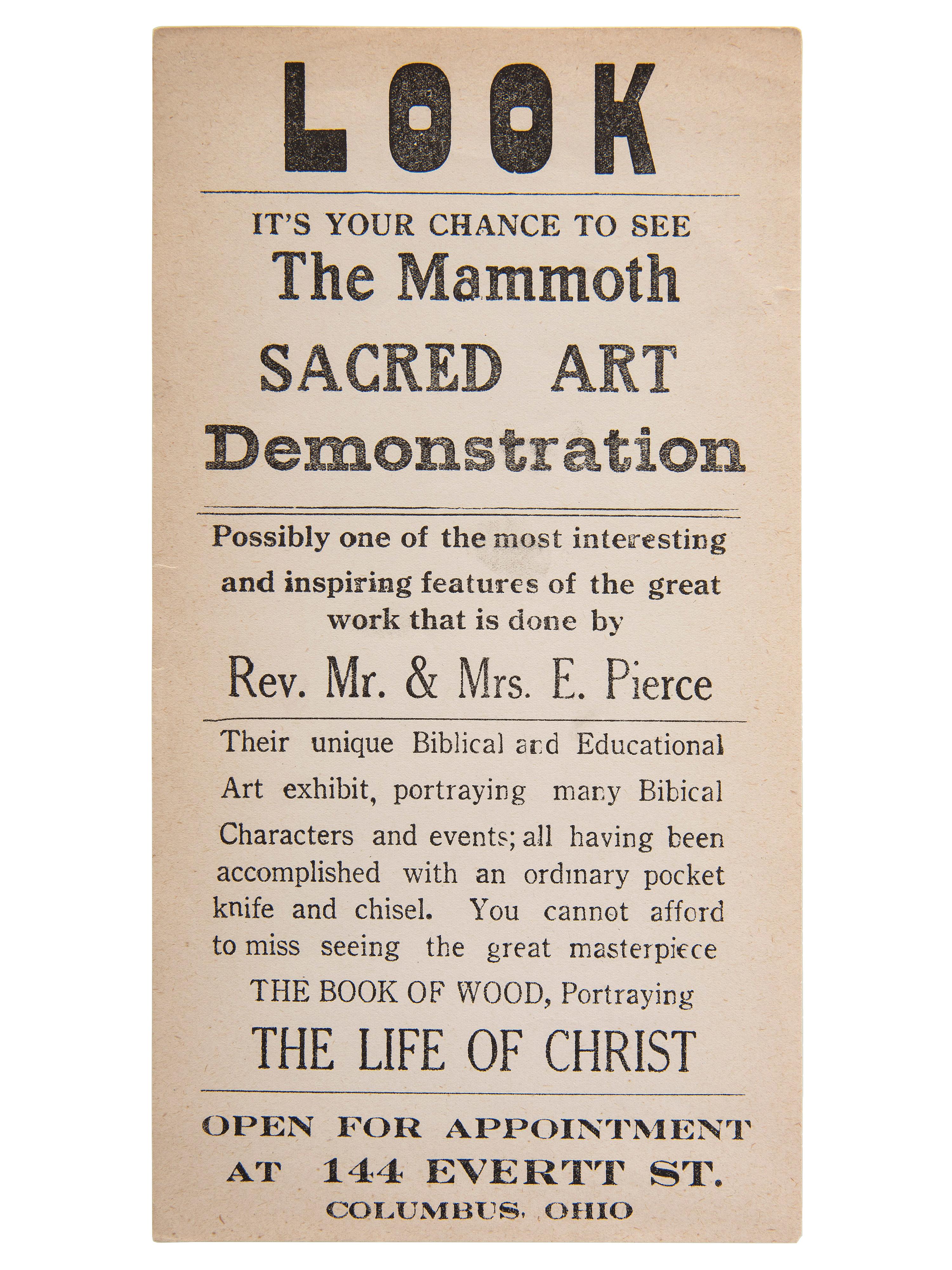 [PIERCE, Elijah (1892-1984)]. Art exhibition ticket, pamphlet, and broadside promoting African American woodcarver and folk artist Elijah Pierce. Ca 1930s.