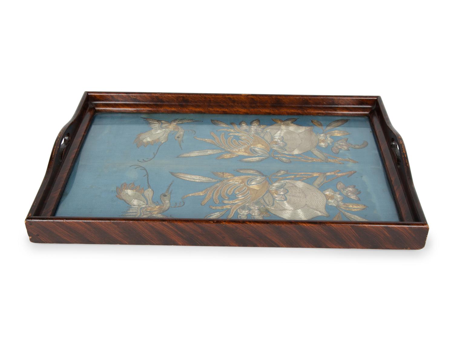 A Chinese Tea Tray Inset with Gold and Silver Silk Embroidery — 20TH CENTURY