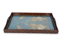 A Chinese Tea Tray Inset with Gold and Silver Silk Embroidery — 20TH CENTURY