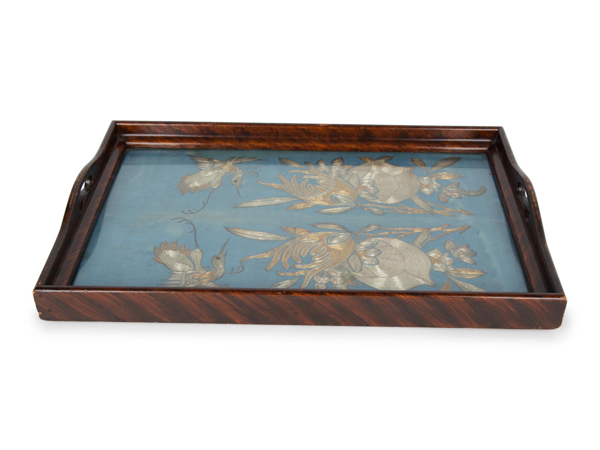 A Chinese Tea Tray Inset with Gold and Silver Silk Embroidery — 20TH CENTURY
