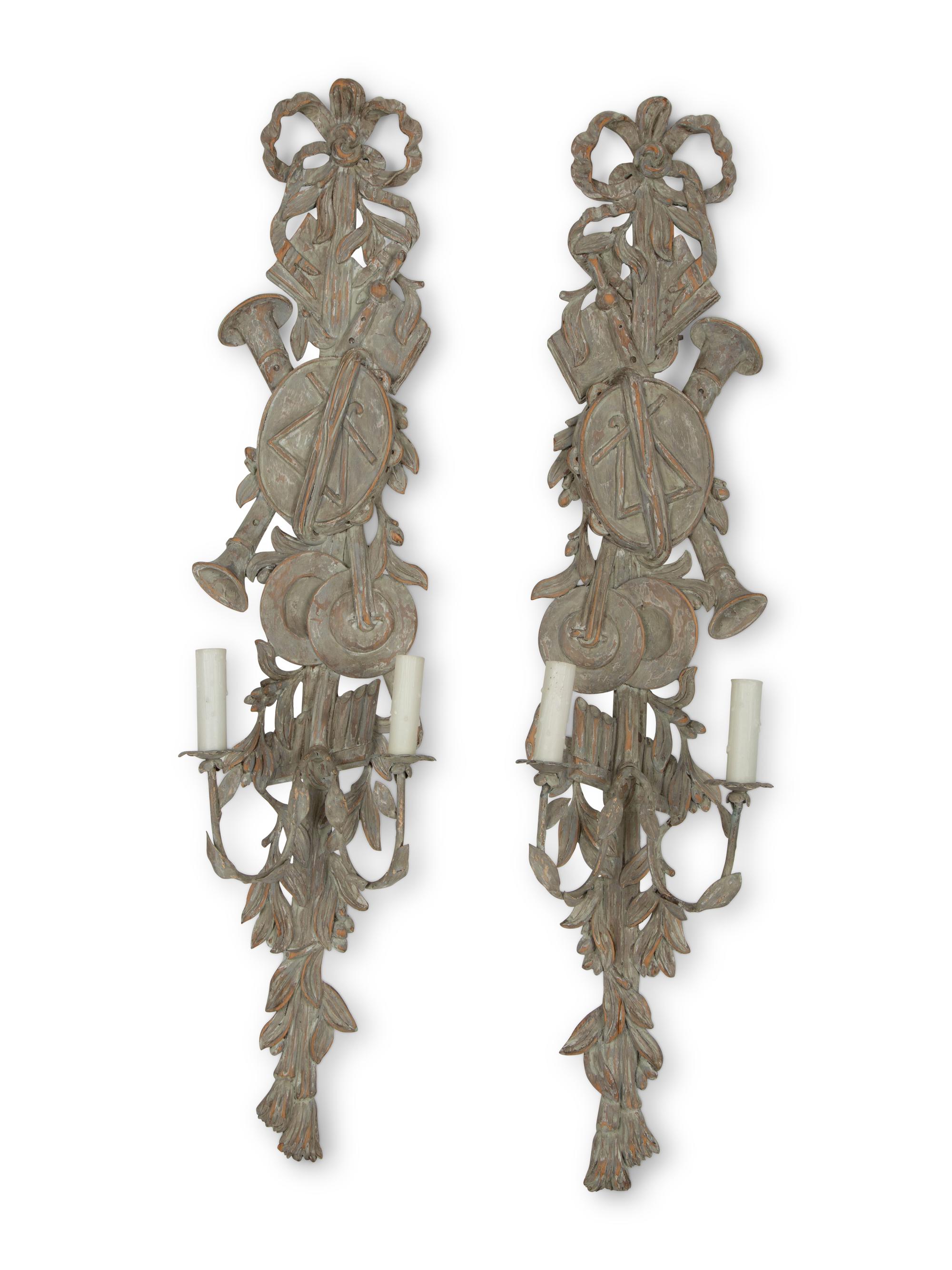 A Pair of Carved Wood Musical Trophy Sconces — 20TH CENTURY