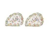 A Rare Pair of Chinese Export Porcelain Famille Rose Leaf-Form Covered Sauce Tureens And Underplates