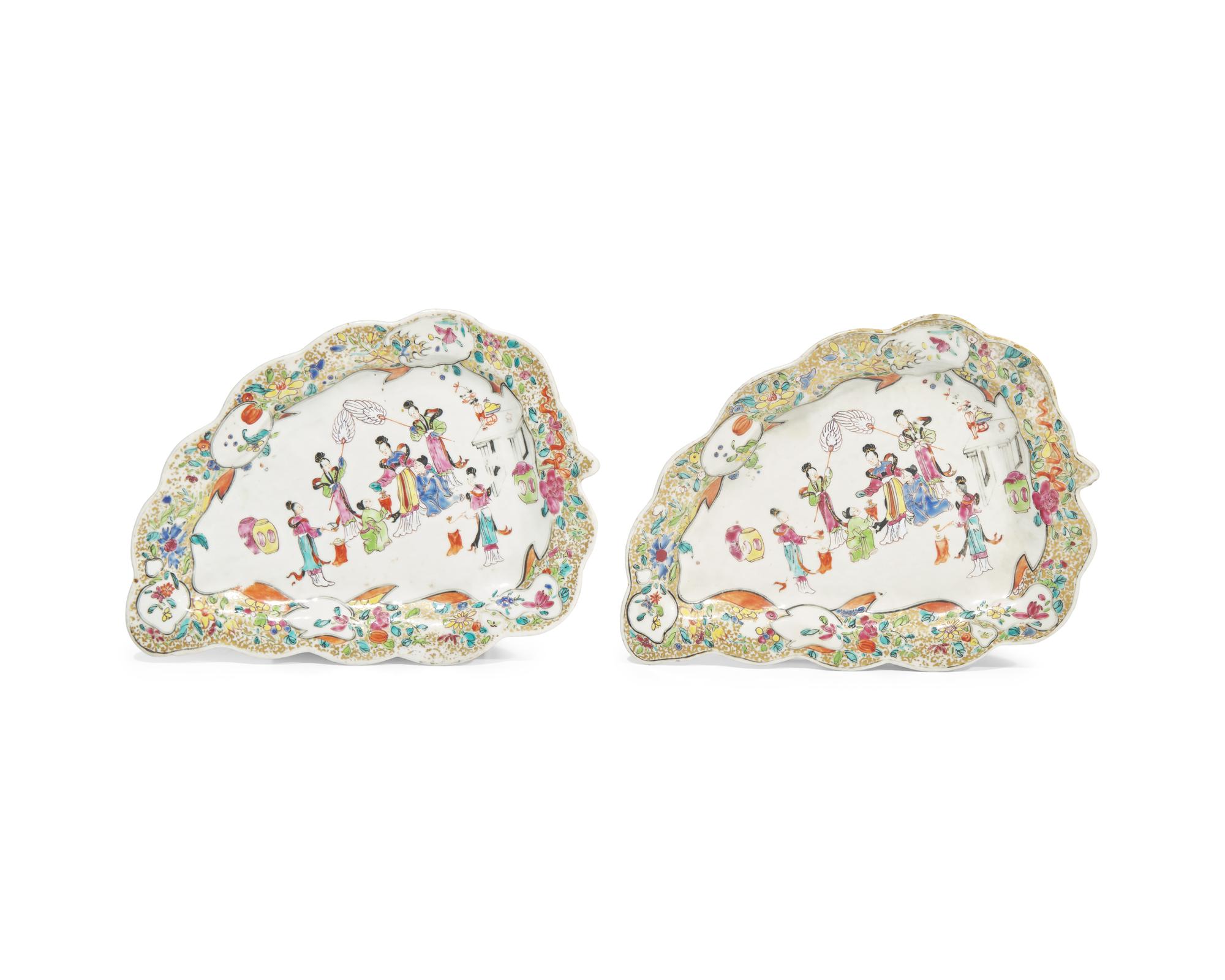 A Rare Pair of Chinese Export Porcelain Famille Rose Leaf-Form Covered Sauce Tureens And Underplates
