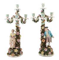 A Pair of Sitzendorf Porcelain Figural Candelabra Height 20 1/2 inches. — 19TH/20TH CENTURY