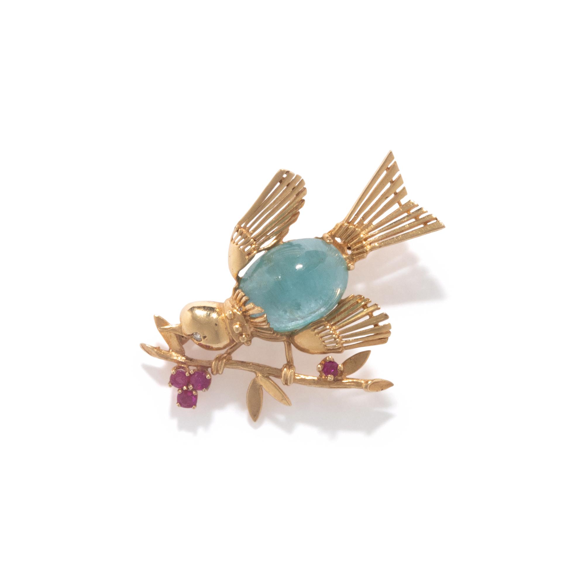 AQUAMARINE, RUBY, AND DIAMOND BIRD BROOCH