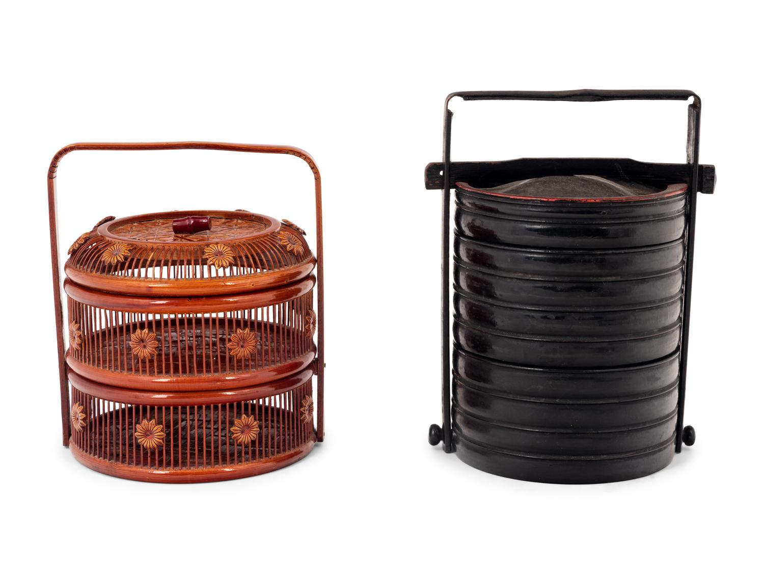 Two Chinese Lacquered Wood and Bamboo Food Baskets