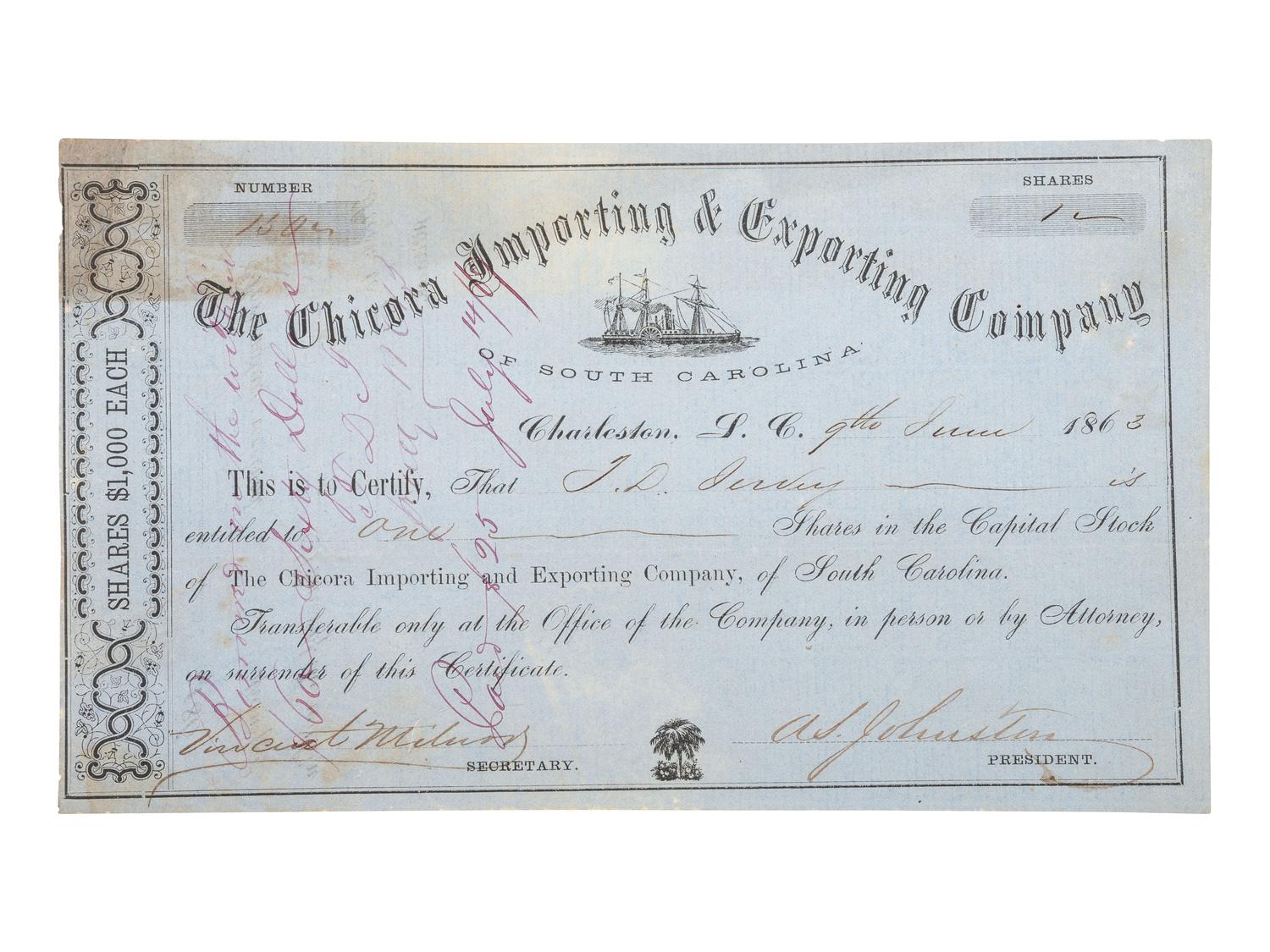 [CIVIL WAR]. The Chicora Importing & Exporting Company of South Carolina. Confederate blockade runner bond. Charleston, SC, 9 June 1863.
