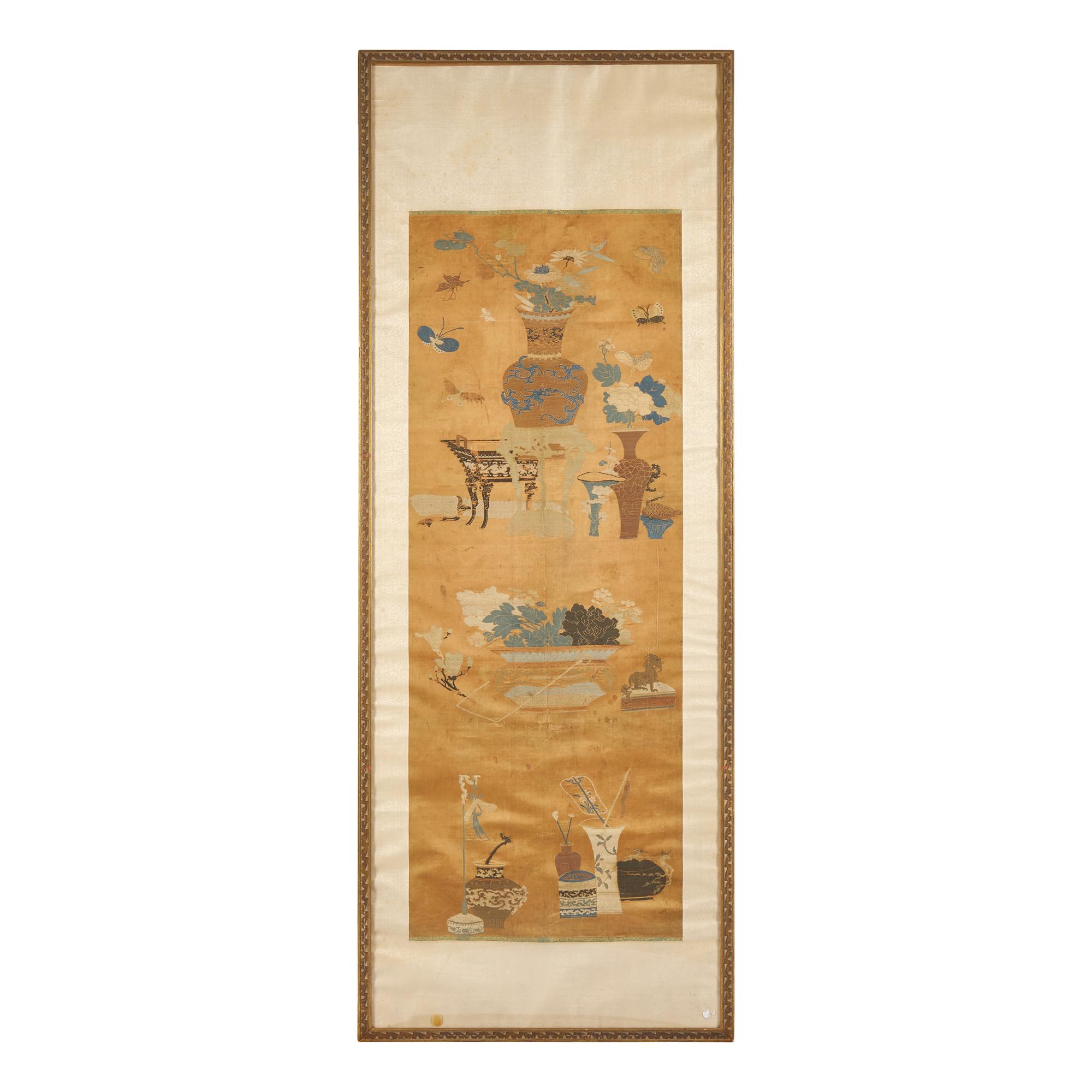 A Chinese Apricot Ground Kesi Silk 'Bogu' Panel, Qing Dynasty — 清 杏子地緙絲博古圖挂屏