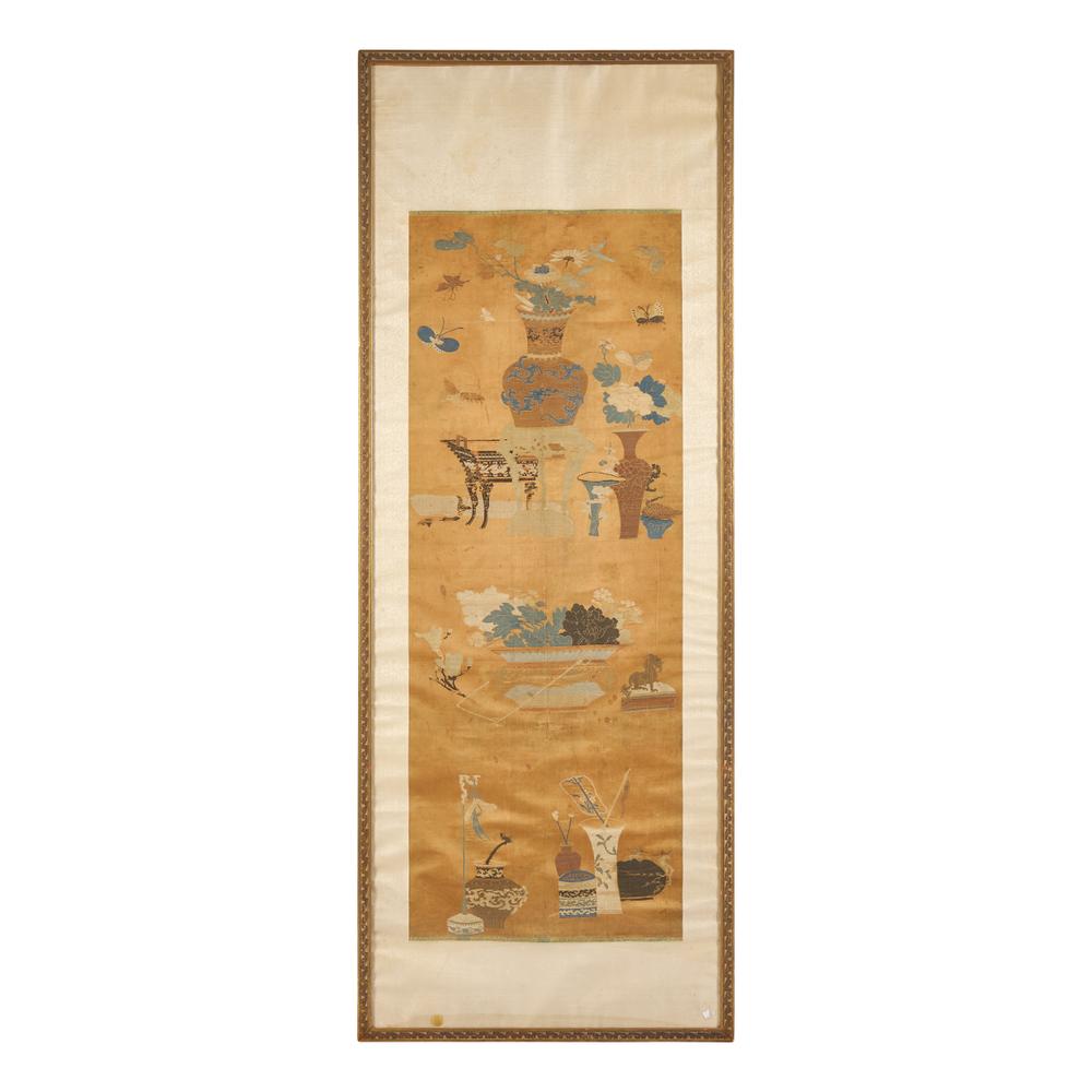 A Chinese Apricot Ground Kesi Silk 'Bogu' Panel, Qing Dynasty