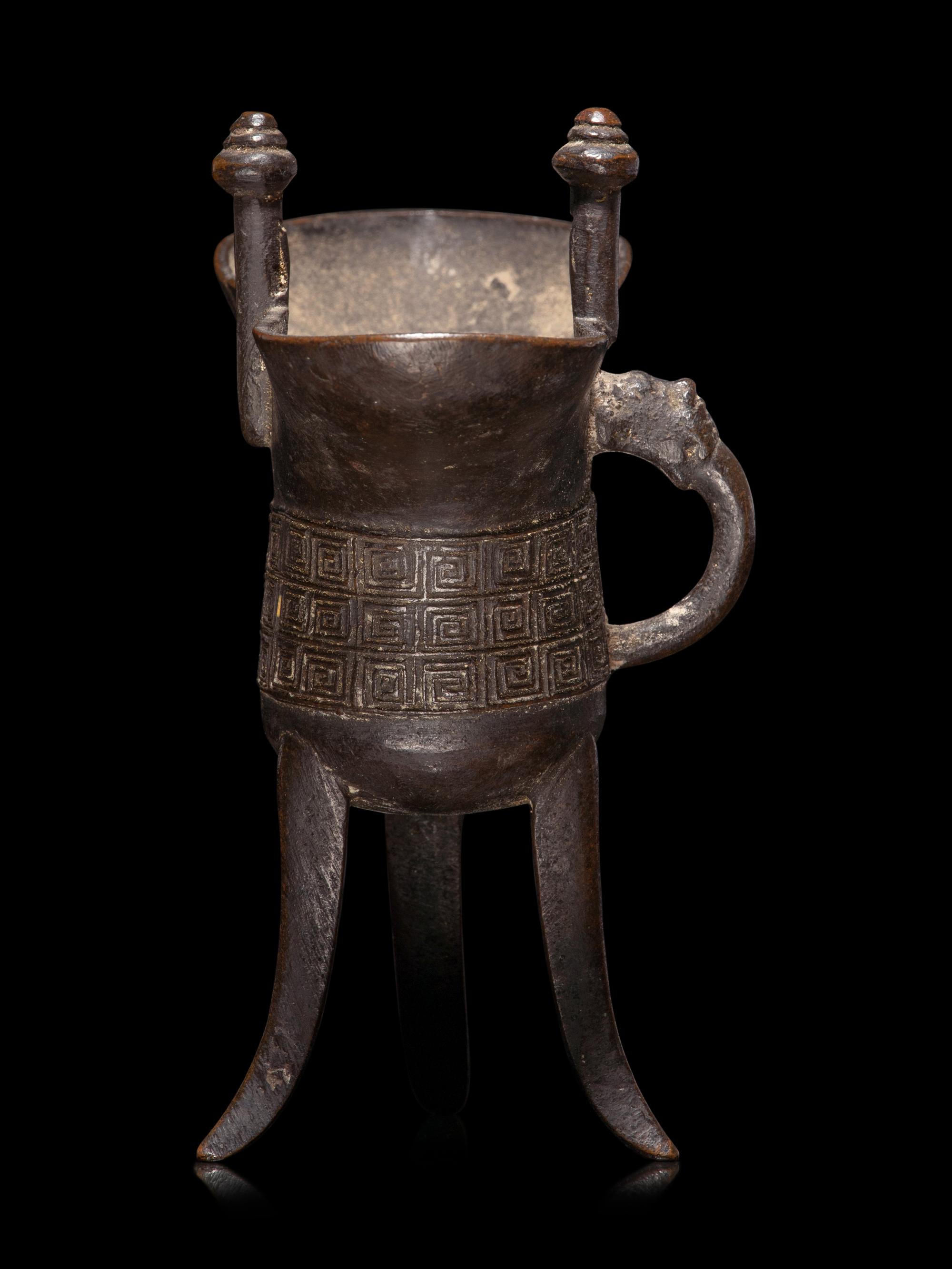 A Chinese Archaistic Style Bronze Libation Cup, Jue