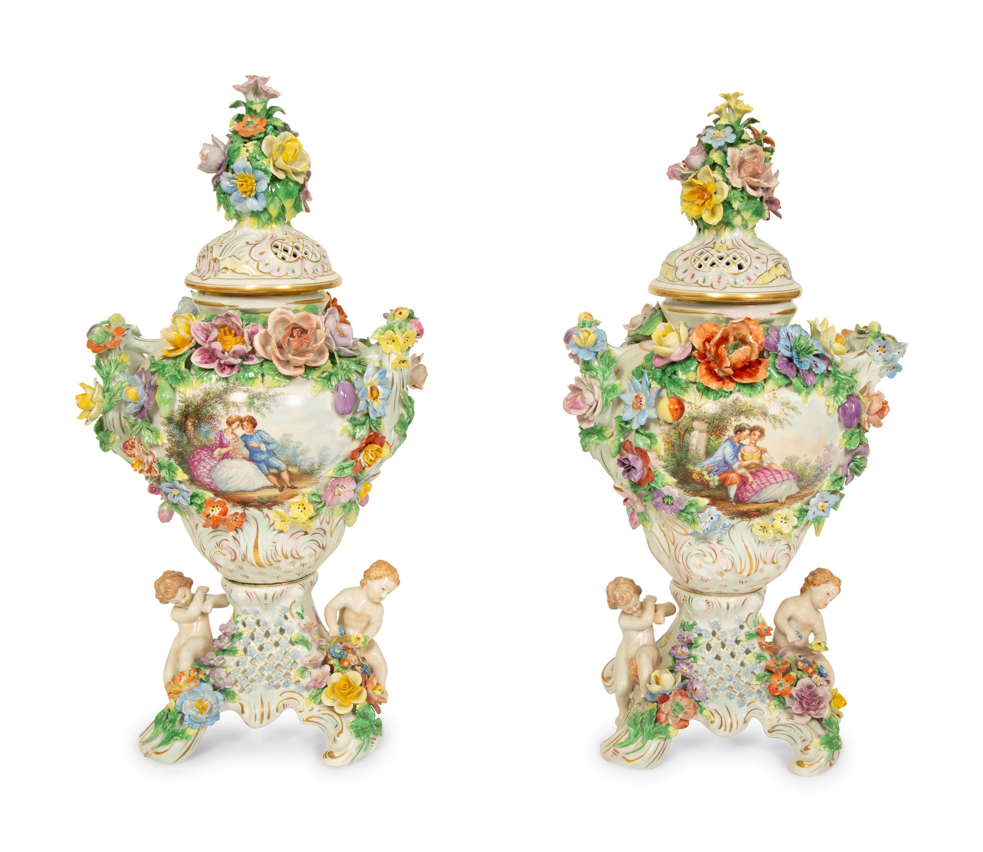 A Pair of Dresden Porcelain Floral Encrusted Urns — 20TH CENTURY