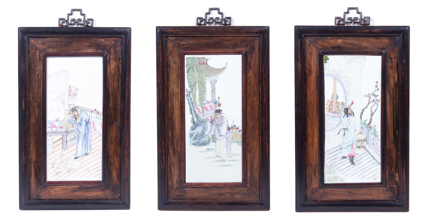 A Set of Three Chinese Enameled Porcelain Plaques Plaque size: 15 x 6 5/8 inches. — 20TH CENTURY