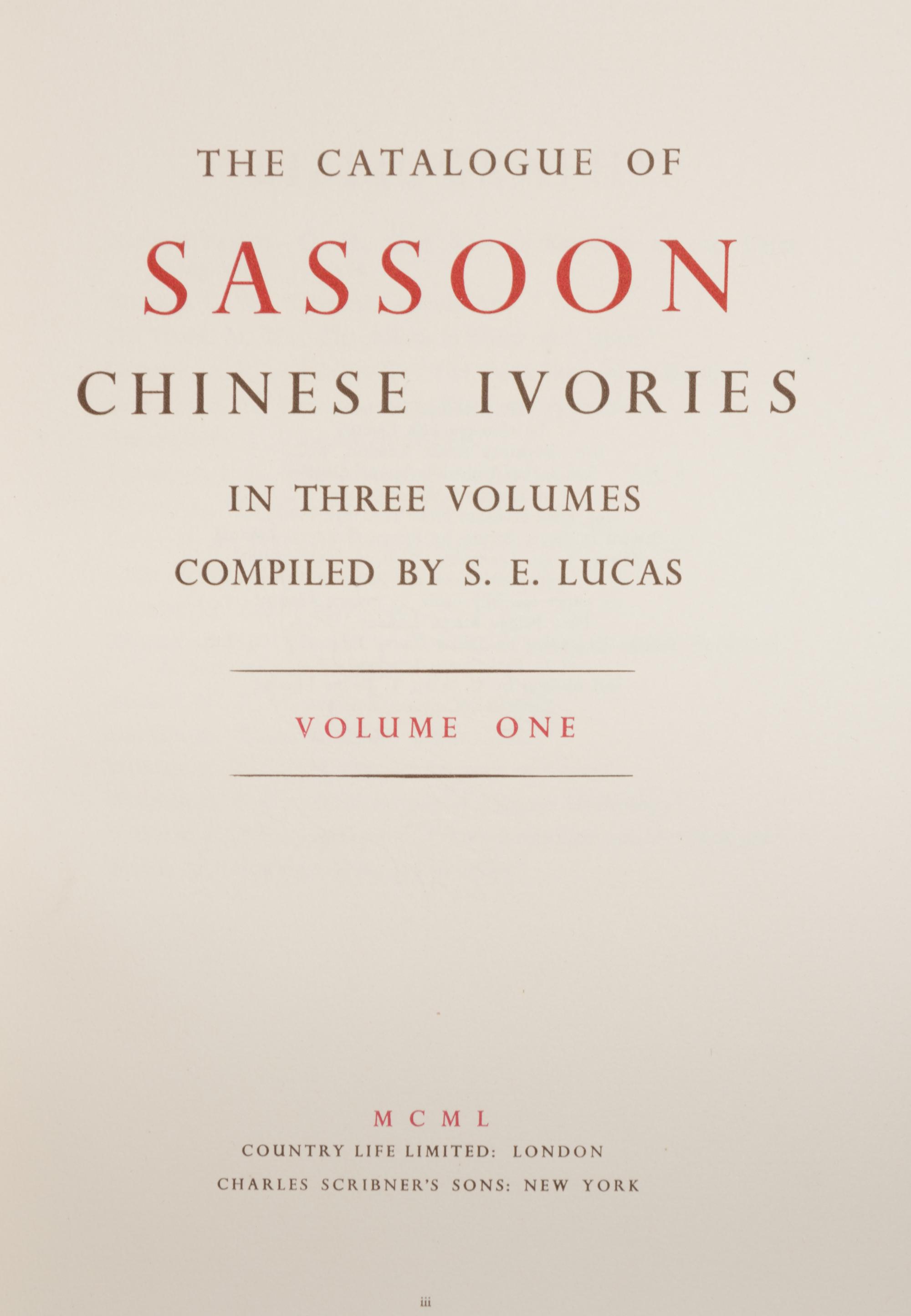[IVORY] LUCAS, Sydney Edward, compiler. The Catalogue of Sassoon Chinese Ivories . London: Country Life and New York: Charles Scribner's, 1950.