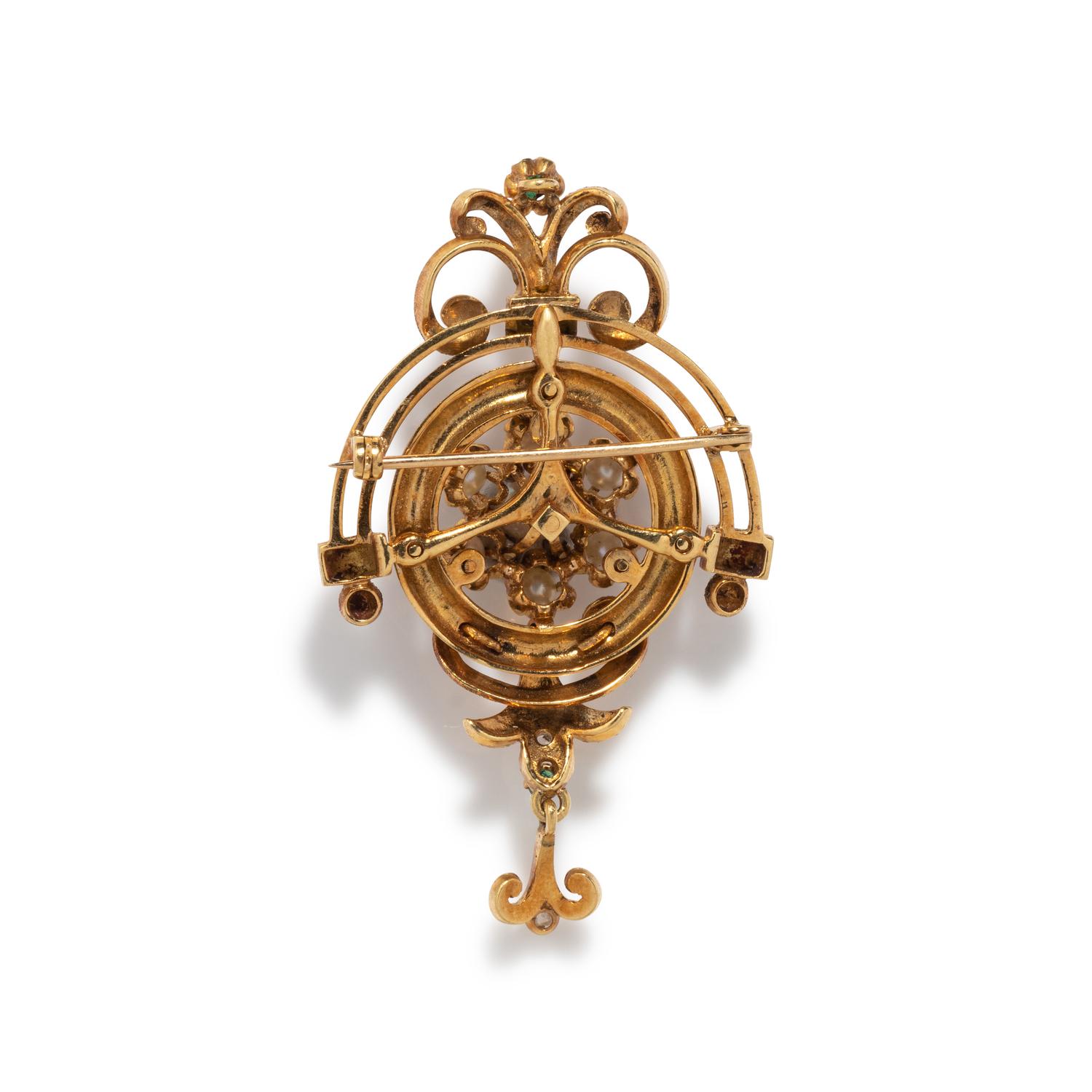 DIAMOND, CULTURED PEARL, EMERALD AND ENAMEL BROOCH