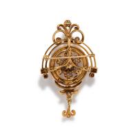 DIAMOND, CULTURED PEARL, EMERALD AND ENAMEL BROOCH