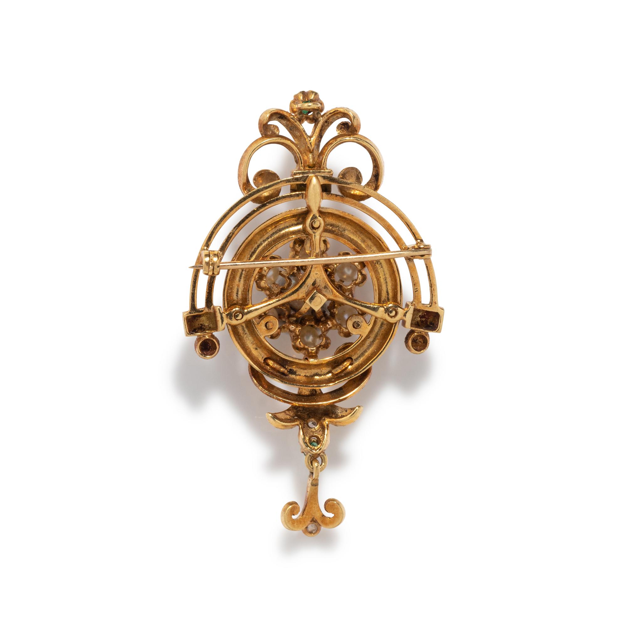 DIAMOND, CULTURED PEARL, EMERALD AND ENAMEL BROOCH