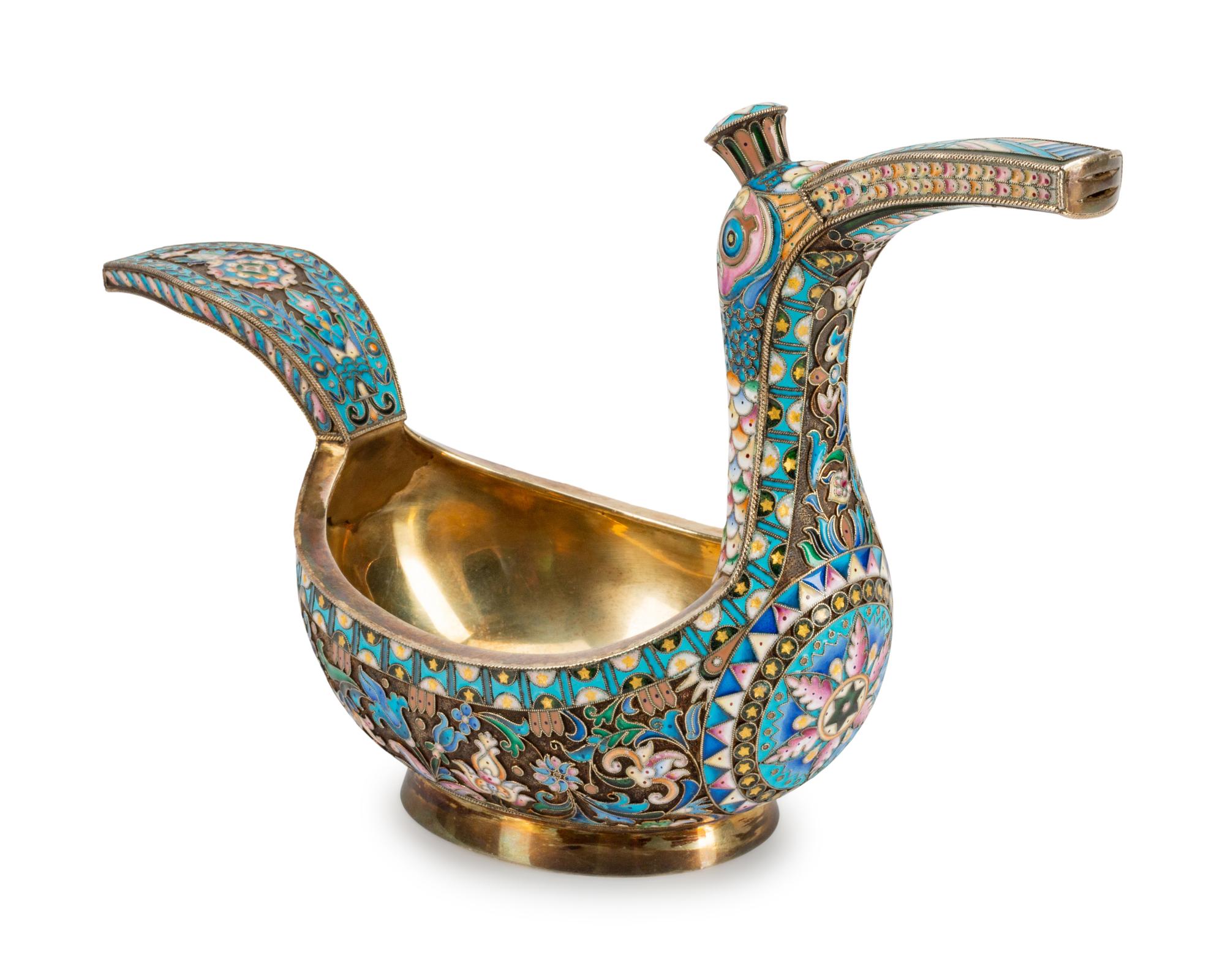 A Russian Silver and Enamel Bird-Form Kovsh — Mark of Pavel Ovchinikov, Moscow, 1908-1926