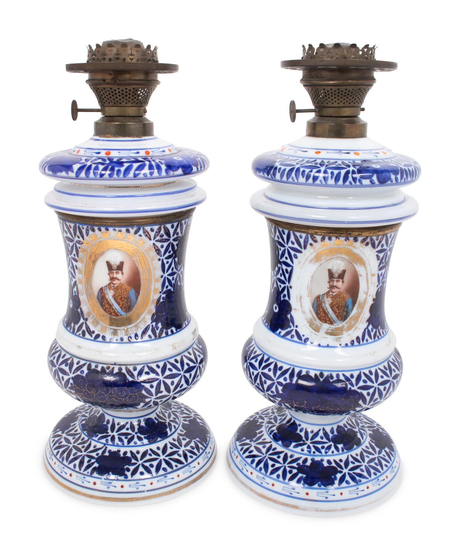 A Pair of Persian Market Opaline Glass Oil Lamps
