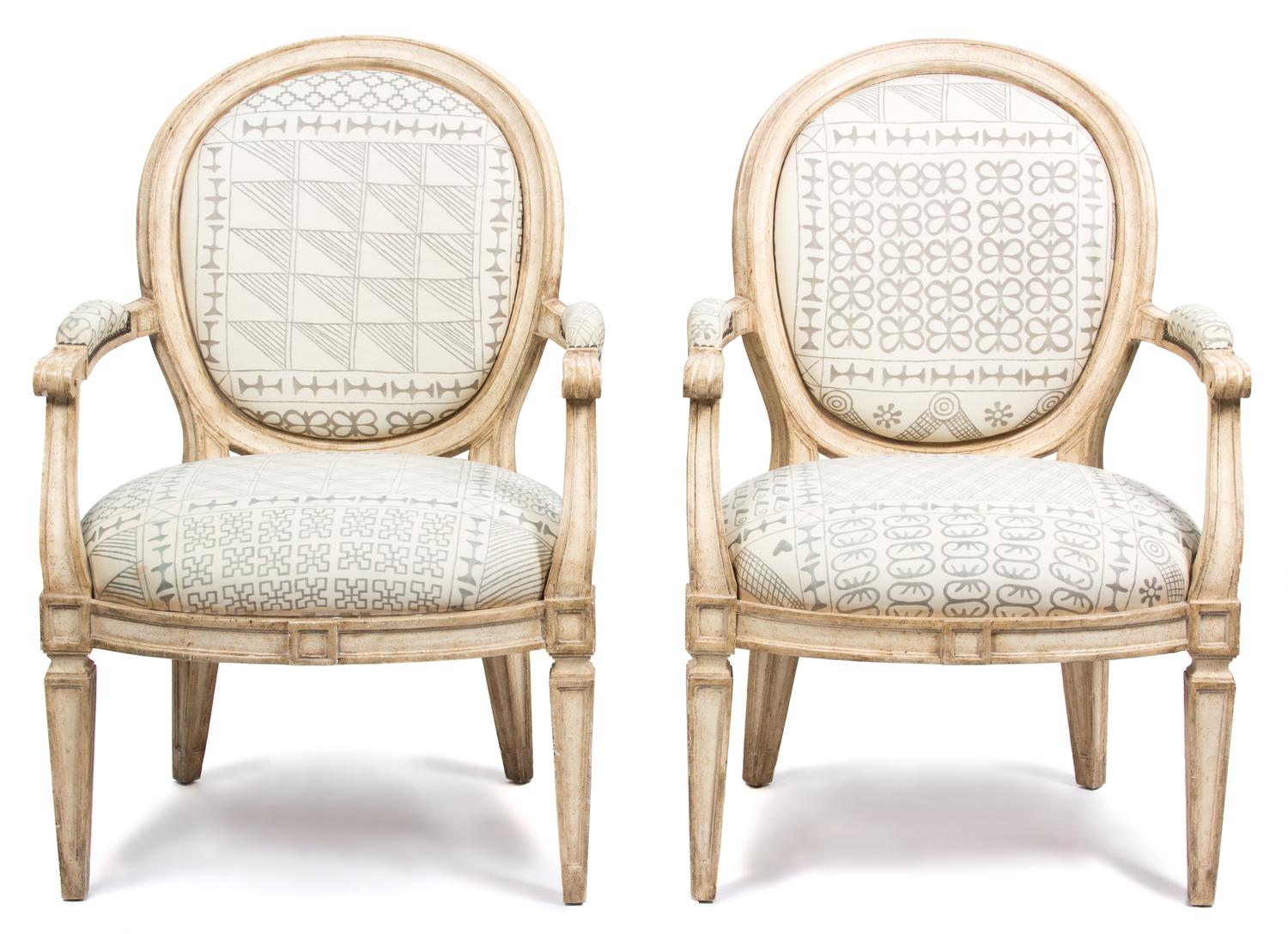 A Pair of Louis XVI Style Painted Fauteuils Height 40 x width 26 1/2 x depth 27 inches. — 20TH CENTURY