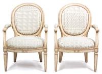 A Pair of Louis XVI Style Painted Fauteuils Height 40 x width 26 1/2 x depth 27 inches. — 20TH CENTURY