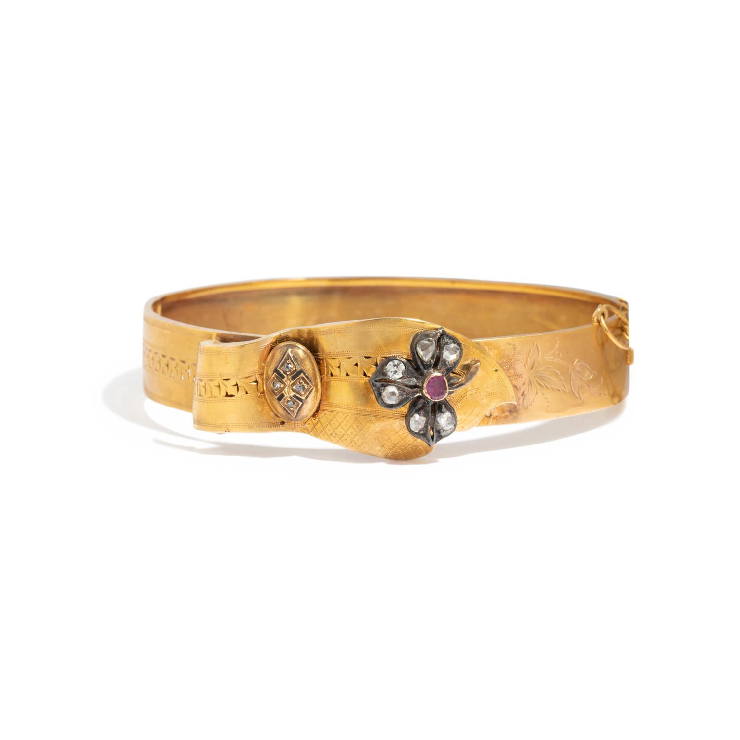 VICTORIAN, DIAMOND, RUBY, AND YELLOW GOLD BANGLE BRACELET
