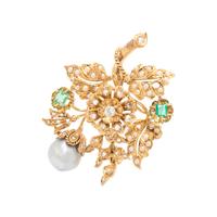 YELLOW GOLD, DIAMOND, EMERALD AND PEARL FLOWER BROOCH