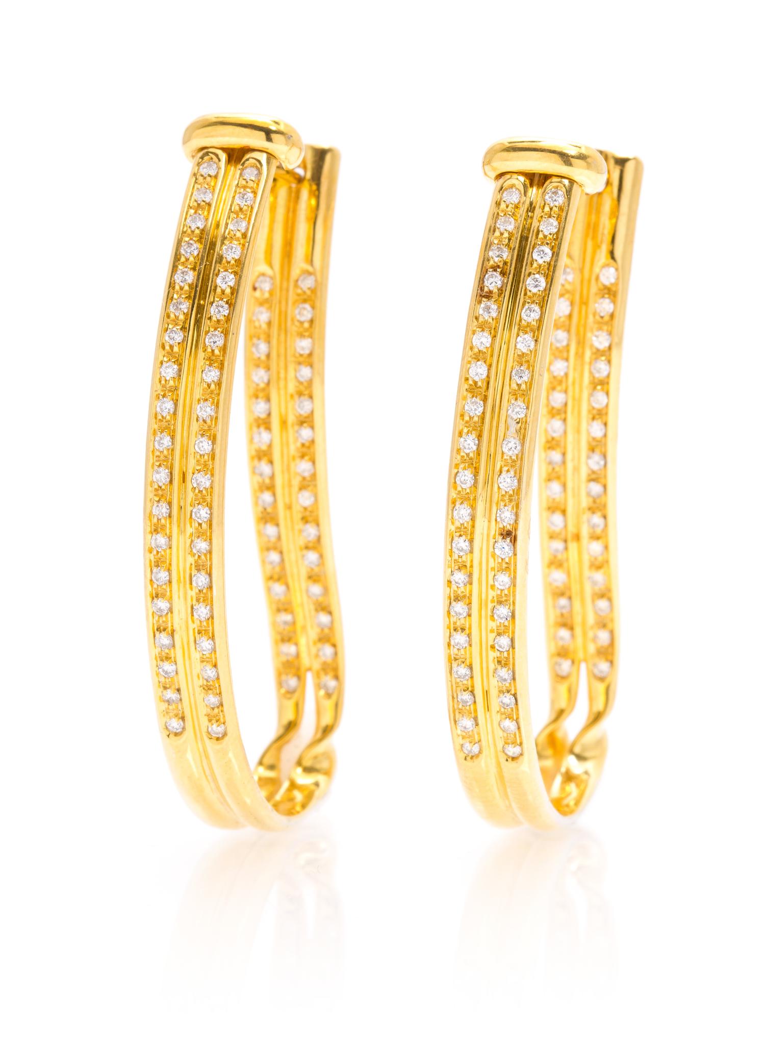 A Pair of 18 Karat Yellow Gold and Diamond Hoop Earrings, 9.70 dwts.