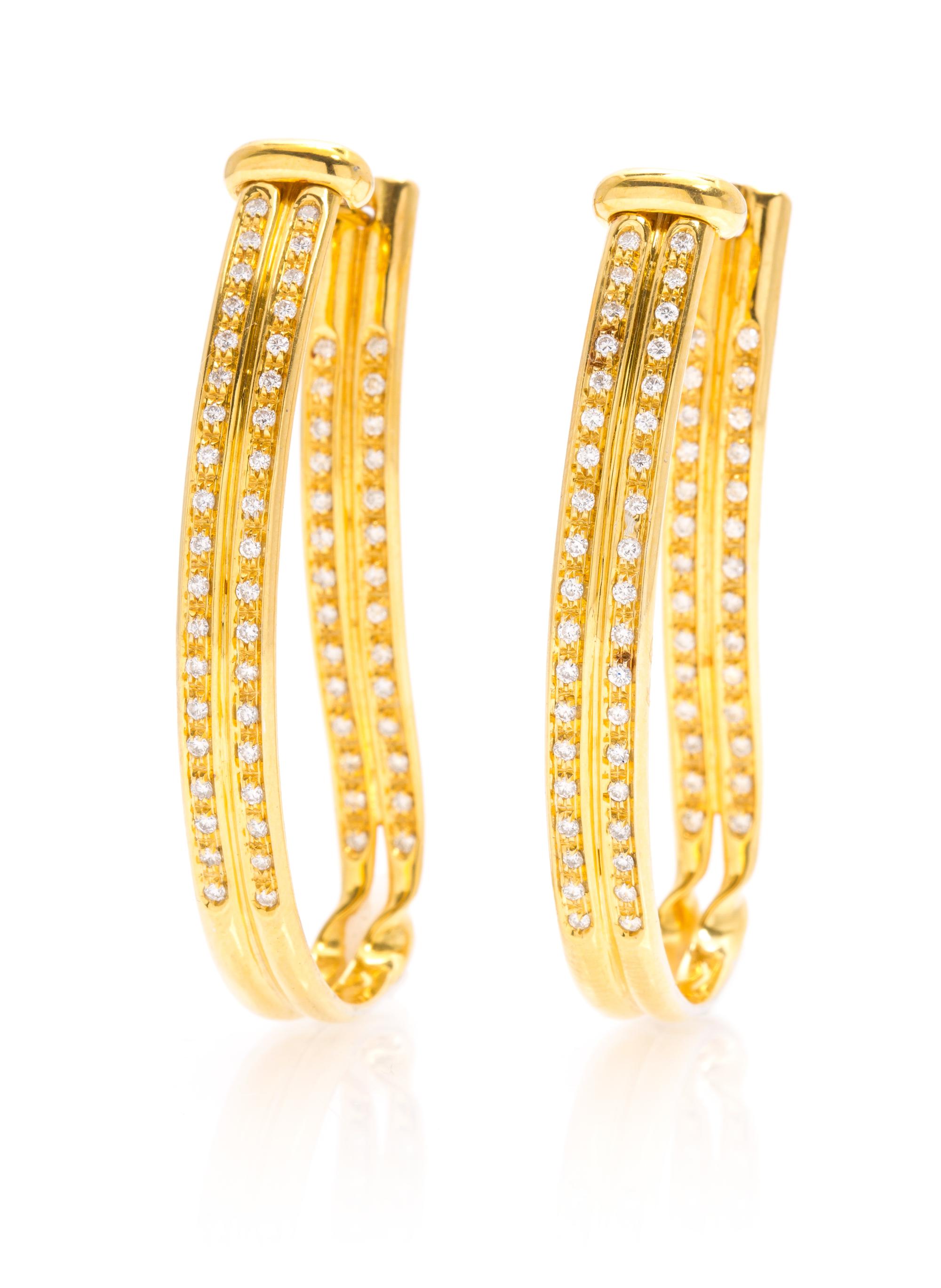 A Pair of 18 Karat Yellow Gold and Diamond Hoop Earrings, 9.70 dwts.