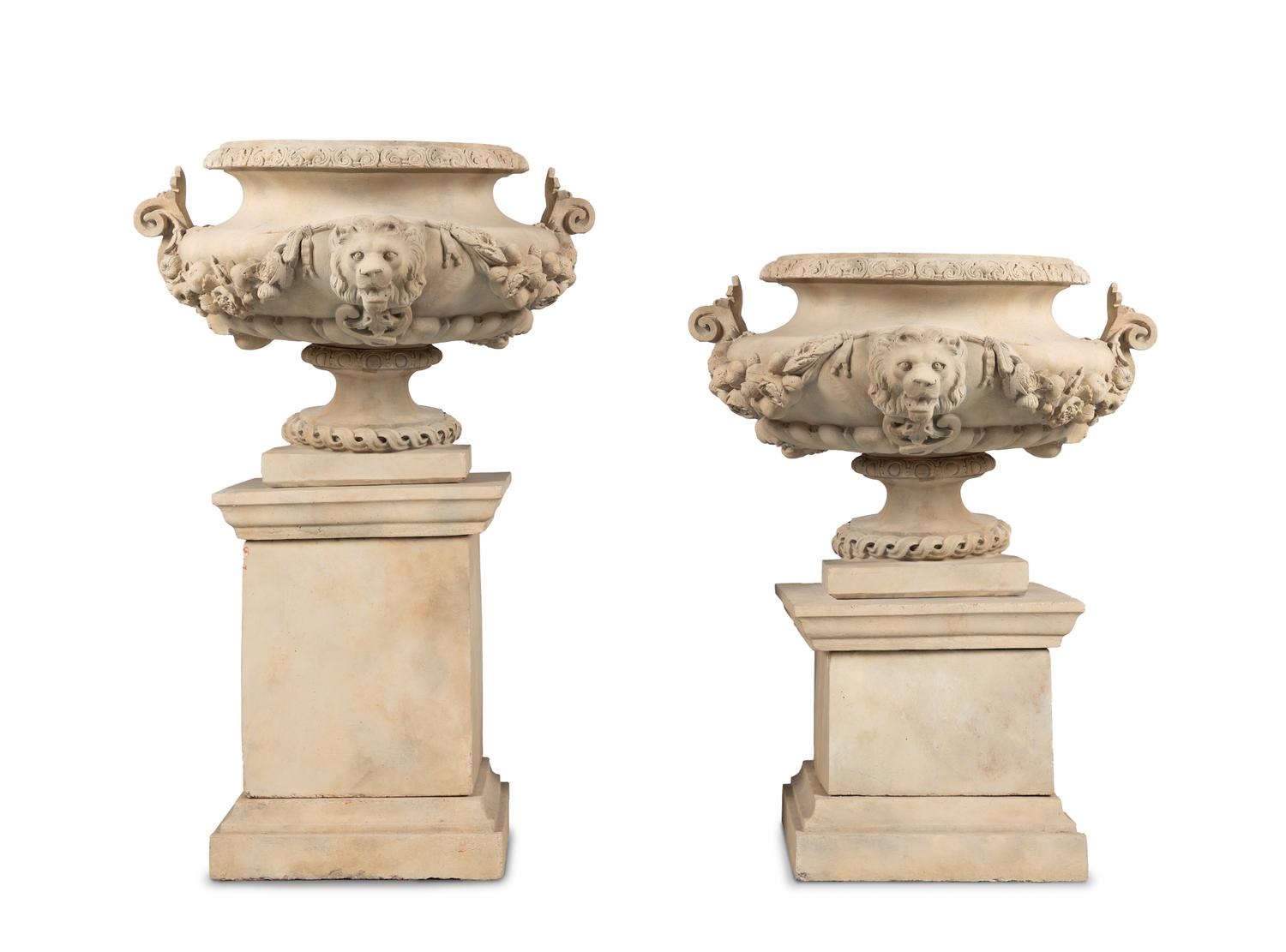 A Pair of Massive Neoclassical Style Terracotta Urns with Plinths