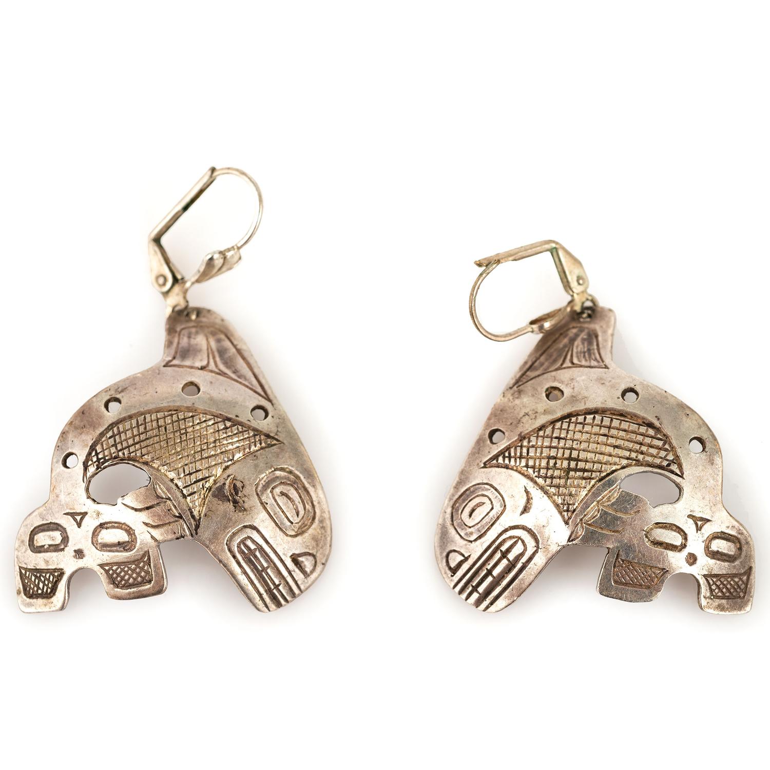 Northwest Coast Etched Figural Silver Cuff Bracelets and Earrings