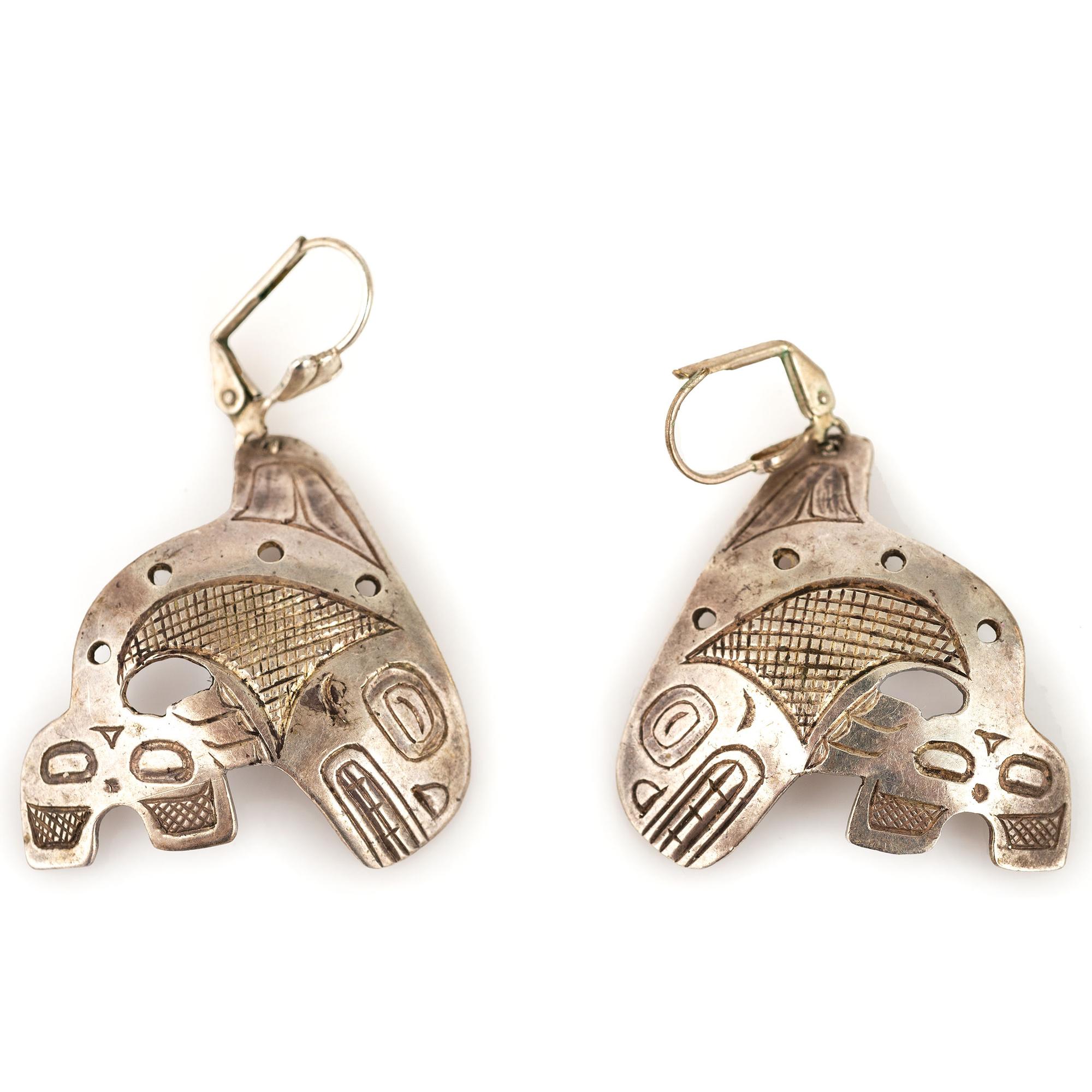 Northwest Coast Etched Figural Silver Cuff Bracelets and Earrings