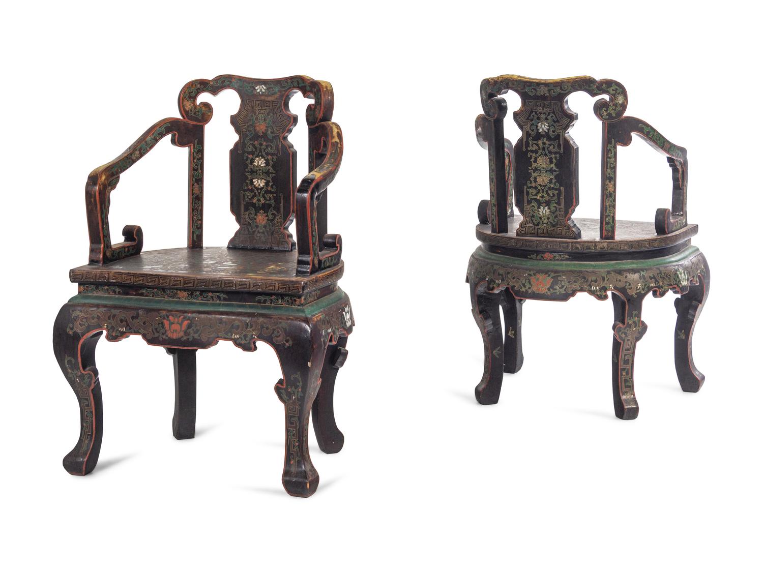 A Pair of Chinese Export Black Lacquer Armchairs