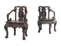 A Pair of Chinese Export Black Lacquer Armchairs