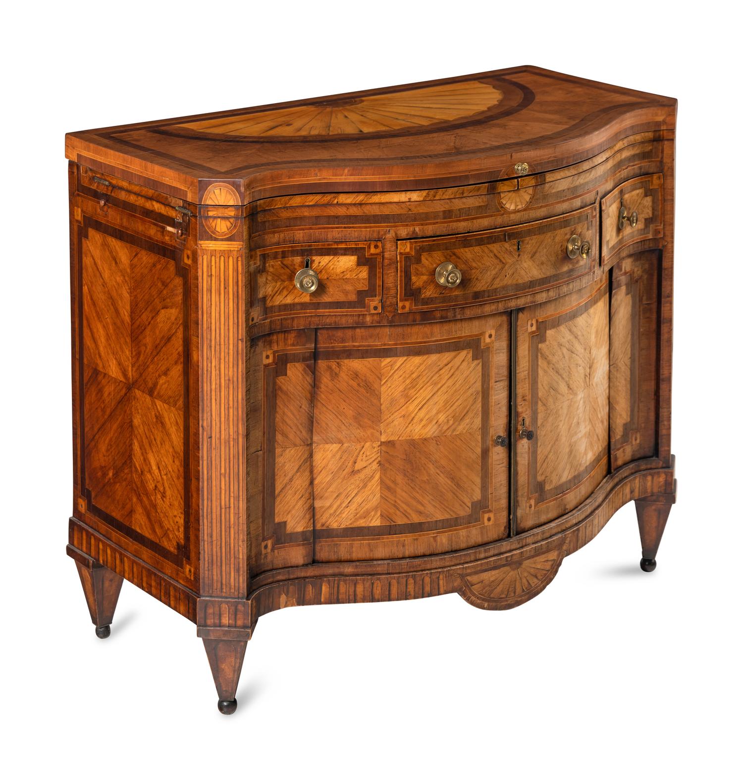 An Anglo-Dutch Tulipwood, Rosewood, Mahogany and Burr Elm Serpentine Klapbuffet