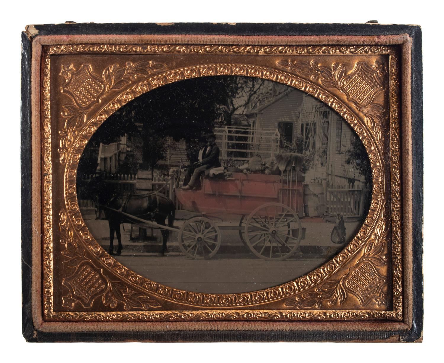 [EARLY PHOTOGRAPHY]. Quarter plate ambrotype of salesman's wagon.