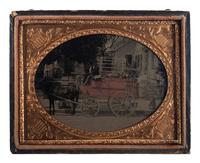 [EARLY PHOTOGRAPHY]. Quarter plate ambrotype of salesman's wagon.